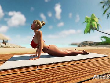 Futanari large boobs chicks having foursome sex on a beach in a3d animation